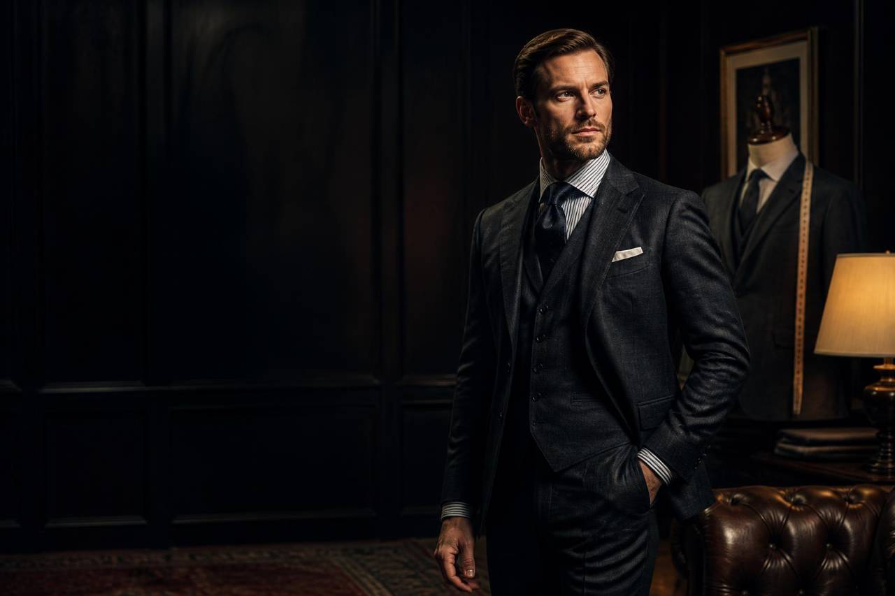 Well-dressed man in a tailored charcoal three-piece suit inside a luxury private atelier, representing André Julius executive styling